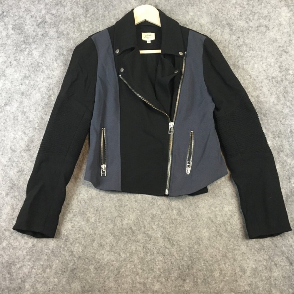 Wilfred Moto Jacket Colorblock Zipper Pockets Black Gray Crepe Ribbed Japanese